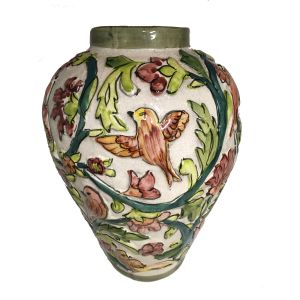 Green and Red Antique Replica Vase featuring Birds in a Floral Setting