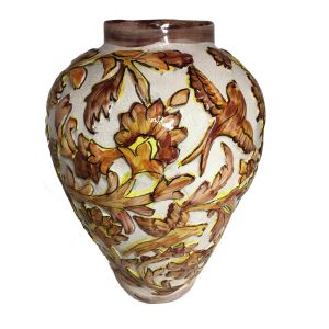 Burnt Orange and White Antique Replica Vase featuring Birds in a Floral Setting