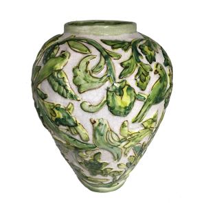 Green and White Antique Replica Vase featuring Birds in a Floral Setting